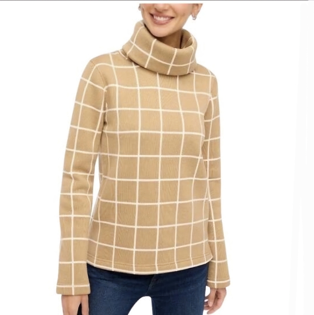 J. Crew Funnelneck Sweater Women's Small Camel Windowpane Gridline Classic Cozy